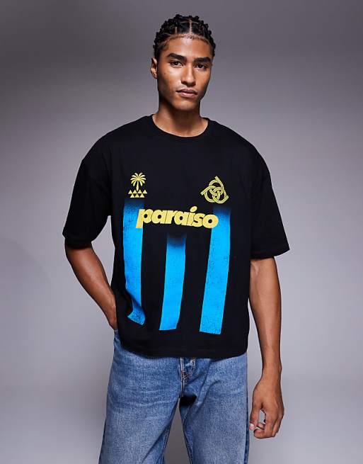 DESIGN boxy oversized striped t-shirt with sports graphic in black