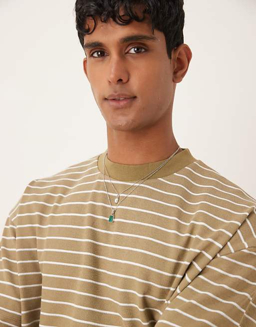 DESIGN Boxy Oversized T-shirt In Textured Khaki Stripe
