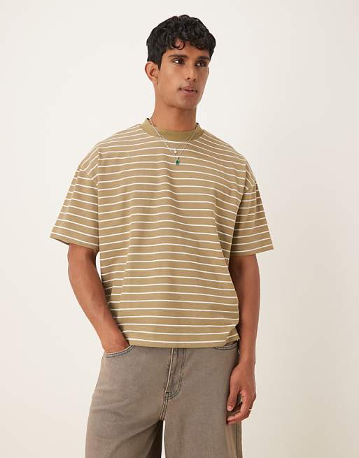 DESIGN boxy oversized t-shirt in textured khaki stripe