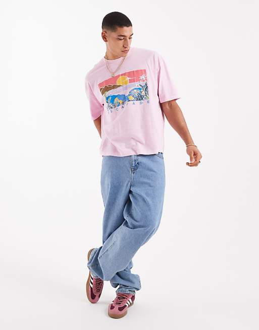 DESIGN Boxy Oversized T-shirt In Washed Pink On Textured Fabric With Summer Graphic