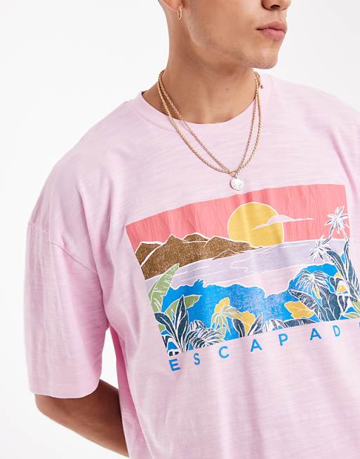 DESIGN Boxy Oversized T-shirt In Washed Pink On Textured Fabric With Summer Graphic