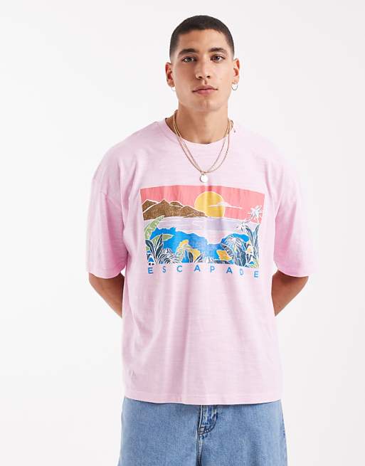 DESIGN boxy oversized t-shirt in washed pink on textured fabric with summer graphic