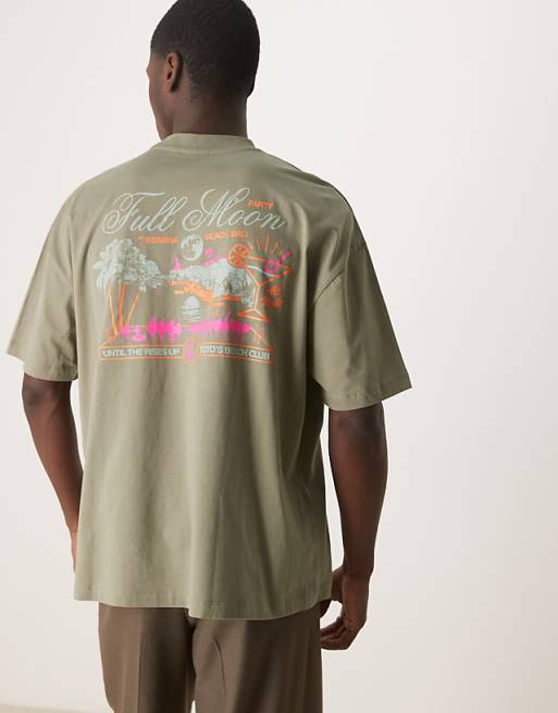 DESIGN boxy oversized t-shirt with back print in khaki