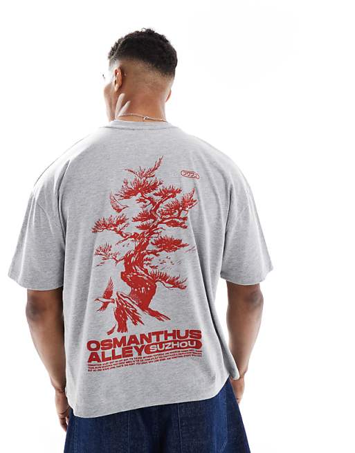 DESIGN boxy oversized t-shirt with bonsai graphic in grey marl