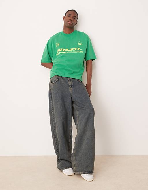 DESIGN Boxy Oversized T-shirt With Brasil Sports Graphic In Green