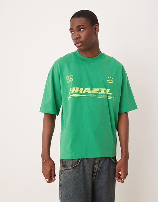 DESIGN boxy oversized t-shirt with Brasil sports graphic in green