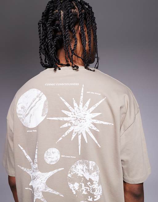 DESIGN Boxy Oversized T-shirt With Celestial Graphic In Beige