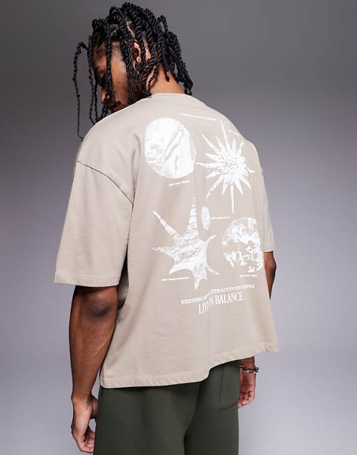 DESIGN boxy oversized t-shirt with celestial graphic in beige