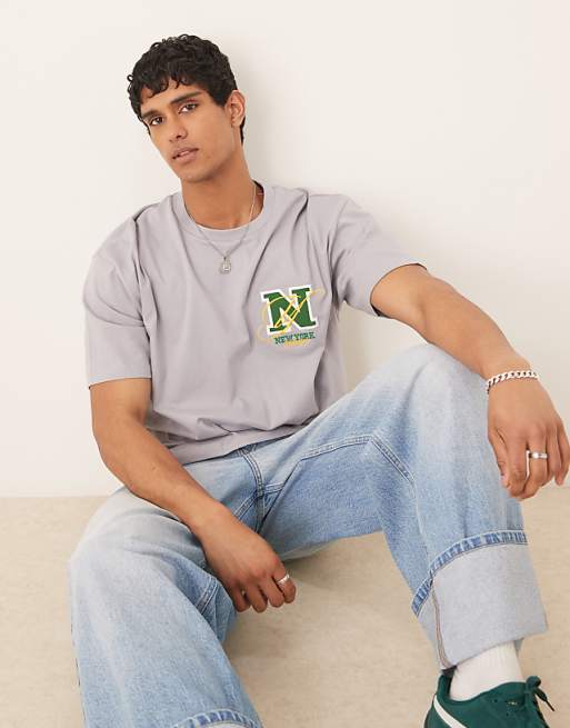 DESIGN boxy oversized t-shirt with chest embroidery in grey