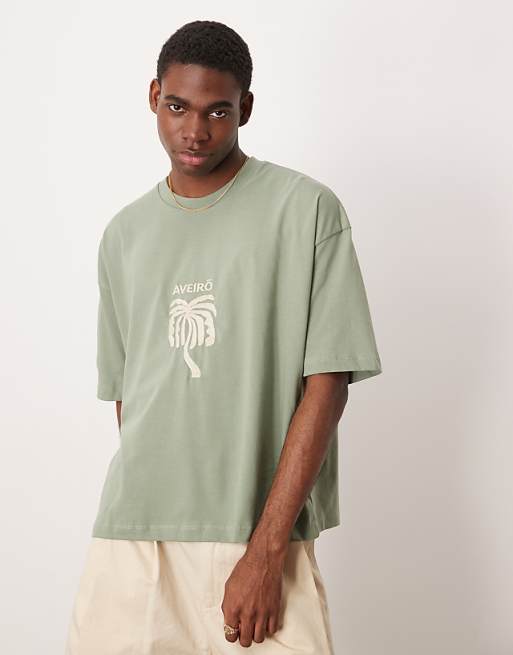 DESIGN boxy oversized t-shirt with chest embroidery in khaki