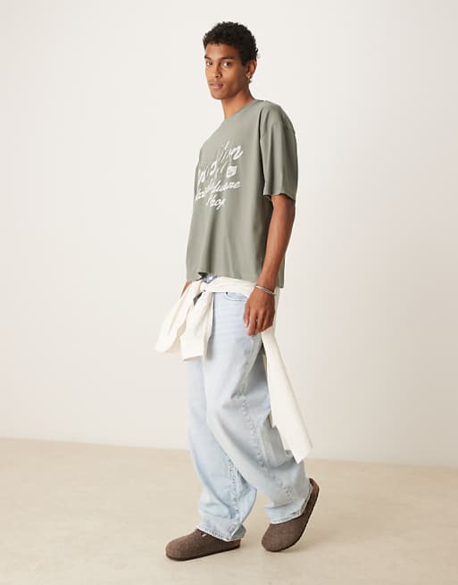 DESIGN Boxy Oversized T-shirt With City Applique In Khaki