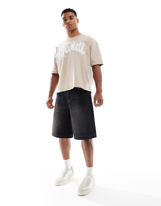 DESIGN Boxy Oversized T-shirt With City Embroidery In Washed Beige