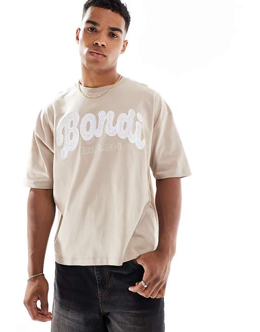 DESIGN boxy oversized t-shirt with city embroidery in washed beige