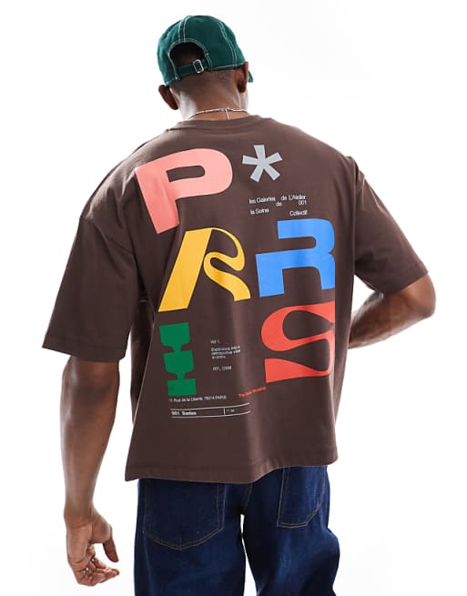 DESIGN boxy oversized t-shirt with city graphic in brown