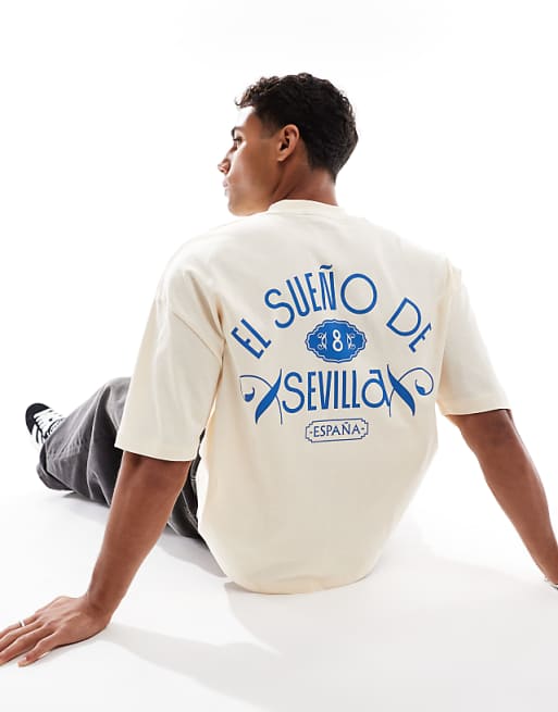 DESIGN boxy oversized t-shirt with city graphic and embroidery in cream
