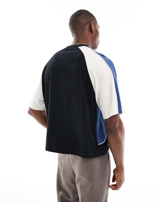 DESIGN Boxy Oversized T-shirt With Cut And Sew Panelling And Sports Graphics In Black