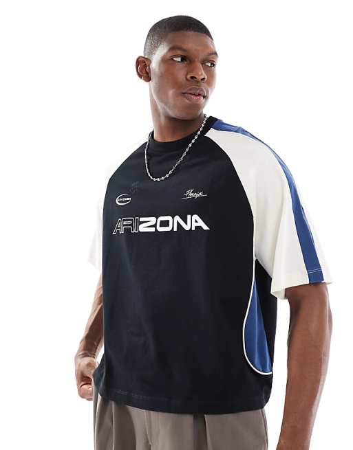 DESIGN boxy oversized t-shirt with cut and sew panelling and sports graphics in black