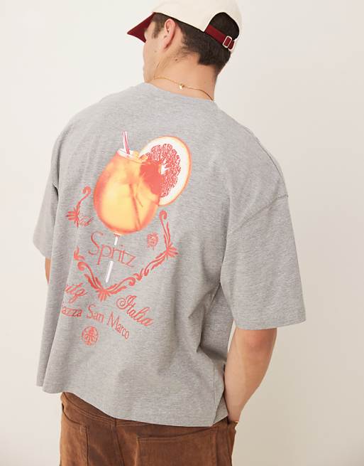 DESIGN boxy oversized t-shirt with drink graphic in white marl