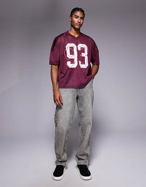 DESIGN Boxy Oversized T-shirt With Dropped Shoulder And V Neck With Sports Graphic In Burgundy Airtex