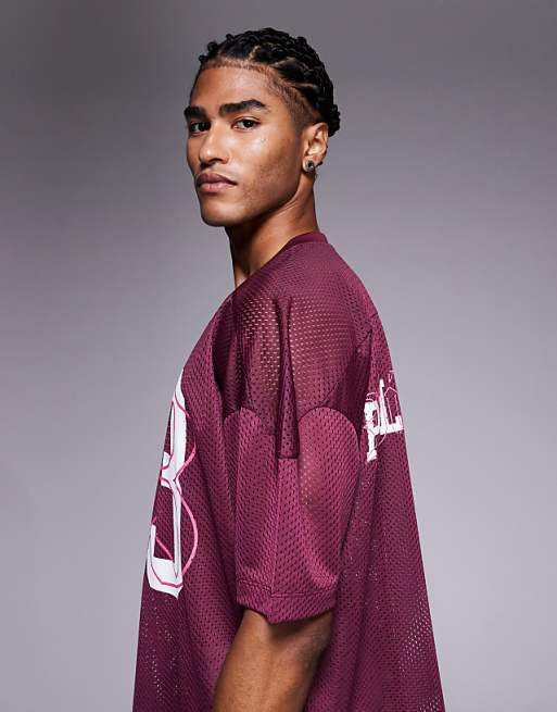 DESIGN Boxy Oversized T-shirt With Dropped Shoulder And V Neck With Sports Graphic In Burgundy Airtex