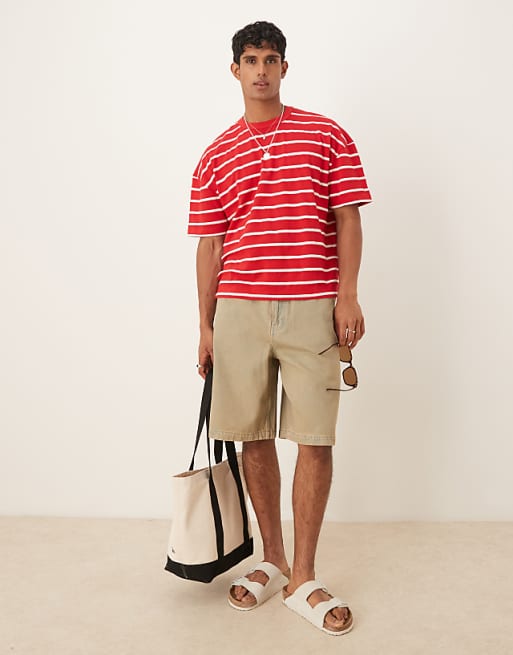 DESIGN Boxy Oversized T-shirt With Dropped Shoulder In Knitted Red And White Stripe