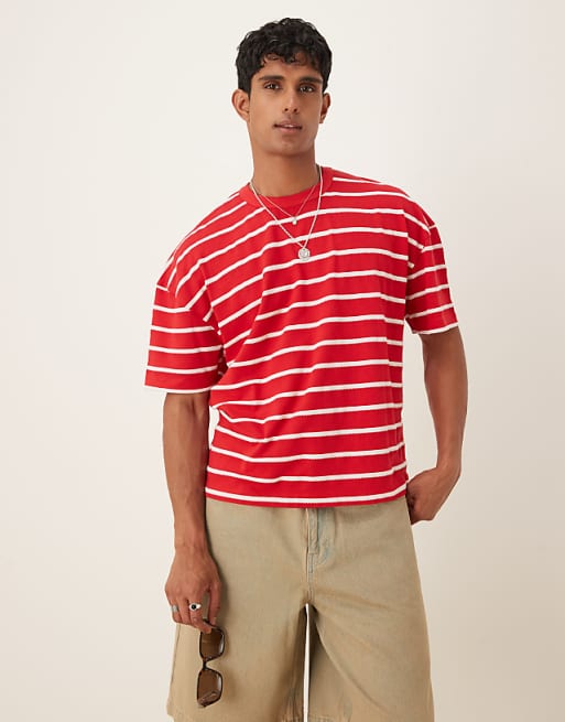DESIGN boxy oversized t-shirt with dropped shoulder in knitted red and white stripe