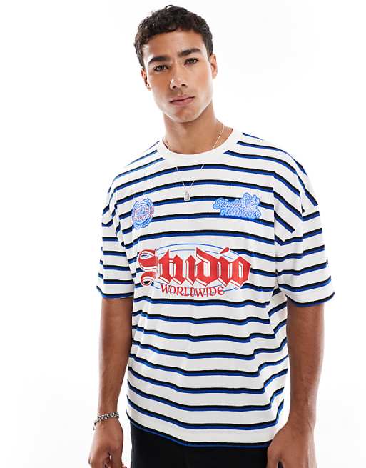 DESIGN Boxy Oversized T-shirt With Dropped Shoulder And Sports Graphic In Ribbed Stripe
