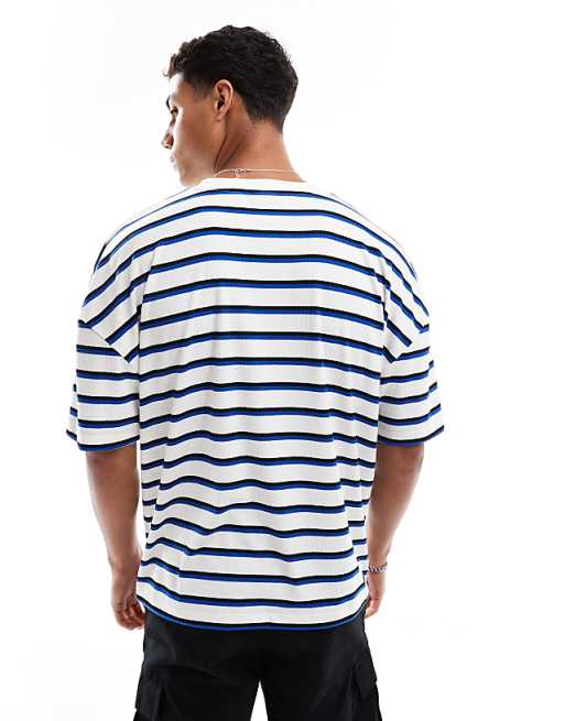 DESIGN Boxy Oversized T-shirt With Dropped Shoulder And Sports Graphic In Ribbed Stripe