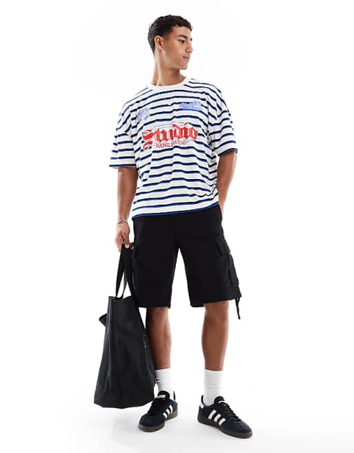 DESIGN boxy oversized t-shirt with dropped shoulder and sports graphic in ribbed stripe