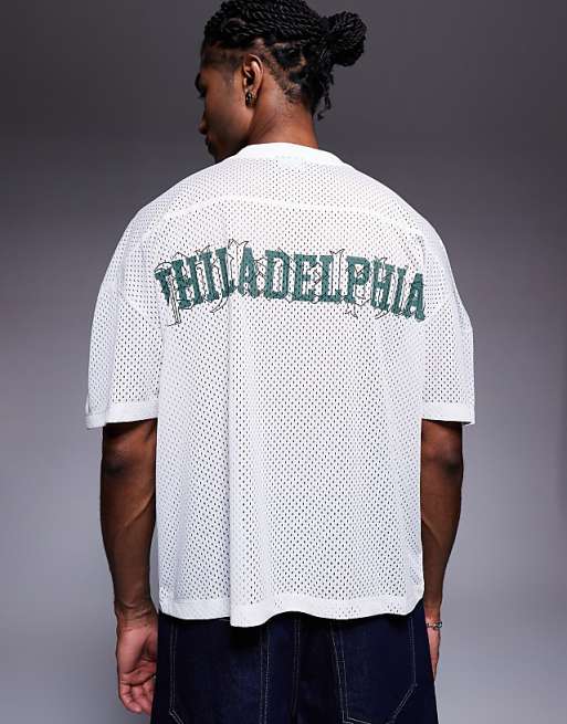 DESIGN Boxy Oversized T-shirt With Dropped Shoulder And V Neck With Sports Graphic In Ecru Airtex