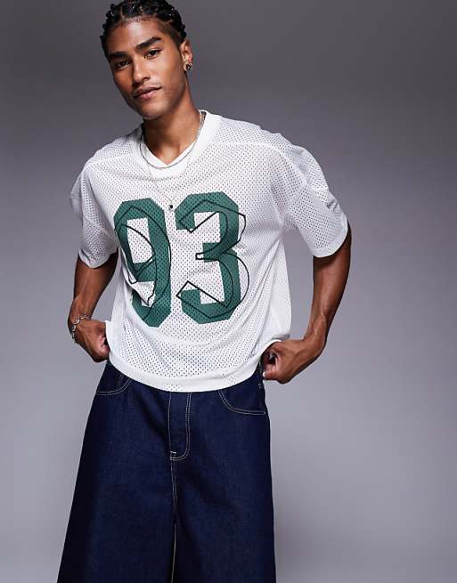 DESIGN boxy oversized t-shirt with dropped shoulder and v neck with sports graphic in ecru airtex