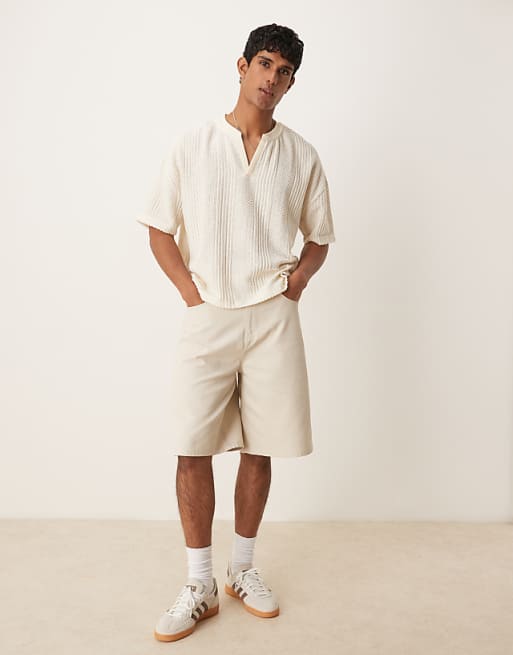 DESIGN Boxy Oversized T-shirt With Dropped Shoulder And V Neck In Cream Texture