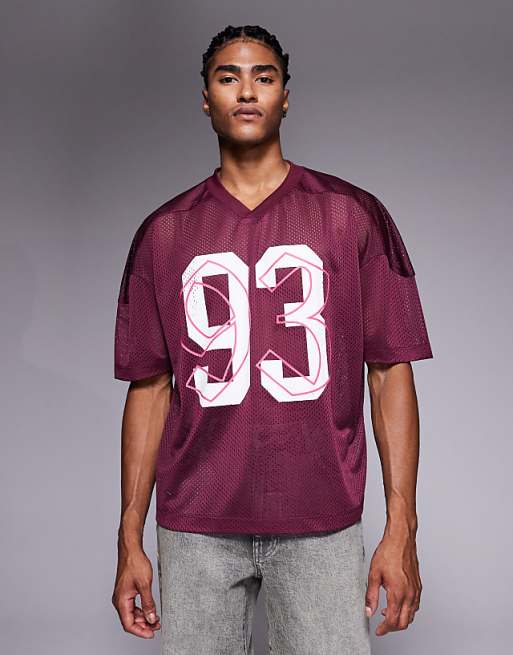 DESIGN boxy oversized t-shirt with dropped shoulder and v neck with sports graphic in burgundy airtex