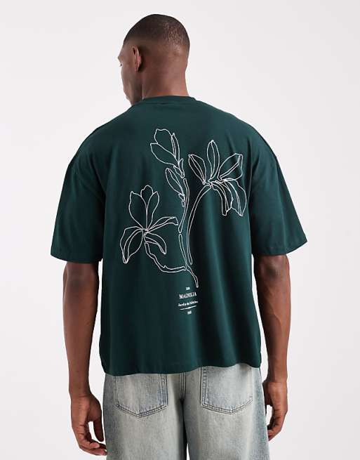 DESIGN boxy oversized t-shirt with floral back print in dark green