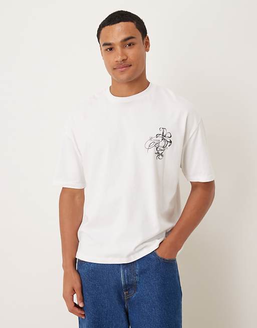 DESIGN boxy oversized t-shirt with floral chest graphic in white