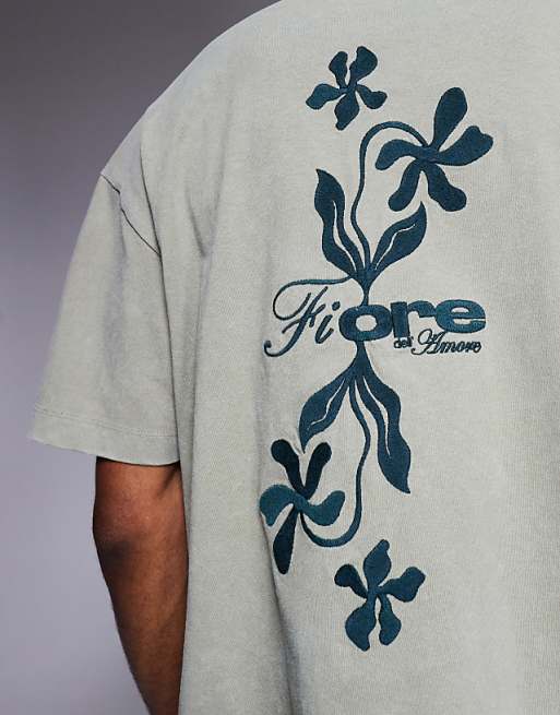 DESIGN Boxy Oversized T-shirt With Floral Embroidery In Washed Khaki