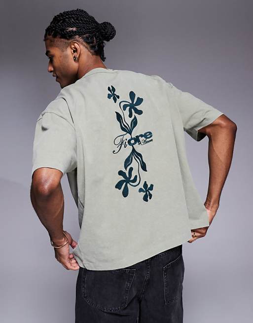 DESIGN boxy oversized t-shirt with floral embroidery in washed khaki