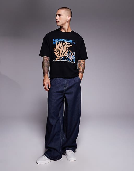 DESIGN Boxy Oversized T-shirt With Floral Graphic In Black