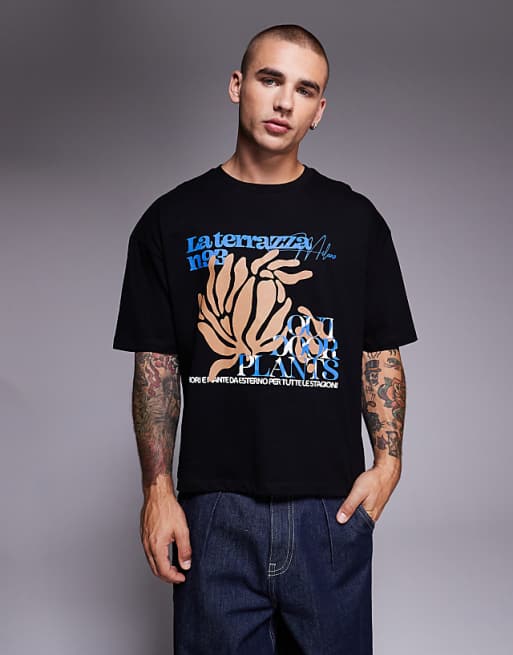 DESIGN boxy oversized t-shirt with floral graphic in black
