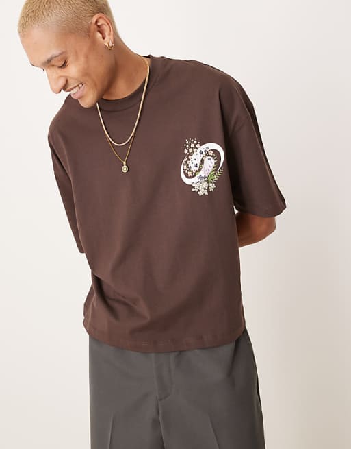 DESIGN Boxy Oversized T-shirt With Floral Graphic In Brown