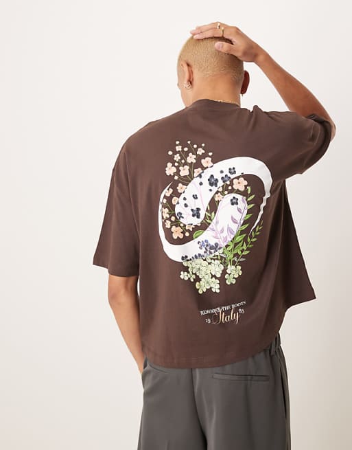 DESIGN boxy oversized t-shirt with floral graphic in brown