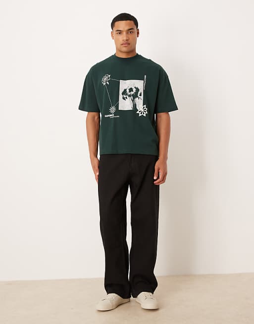DESIGN Boxy Oversized T-shirt With Floral Graphic In Dark Green