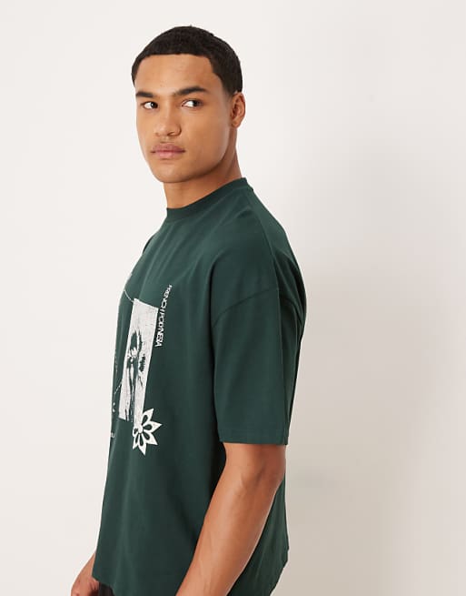 DESIGN Boxy Oversized T-shirt With Floral Graphic In Dark Green