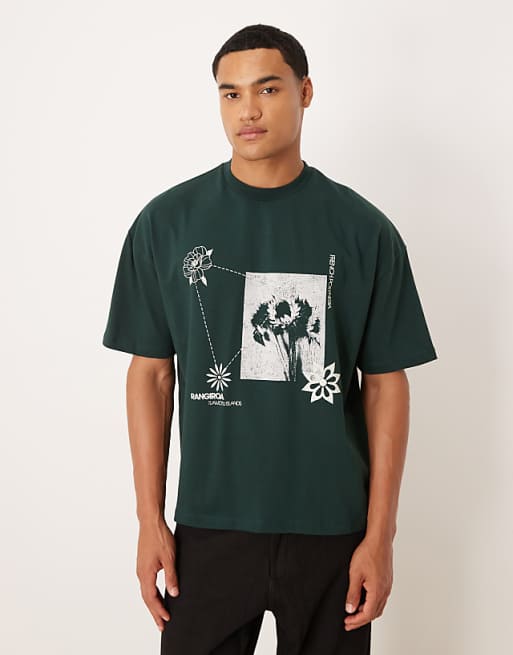 DESIGN boxy oversized t-shirt with floral graphic in dark green