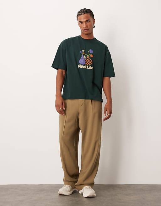 DESIGN Boxy Oversized T-shirt With Floral Puff Graphic In Dark Green