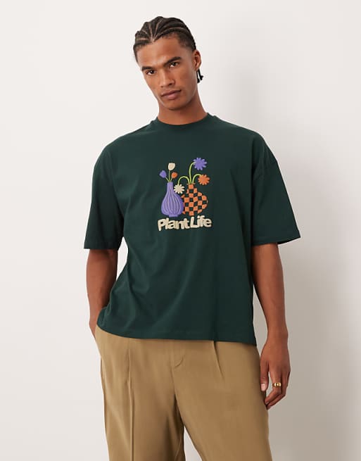 DESIGN boxy oversized t-shirt with floral puff graphic in dark green