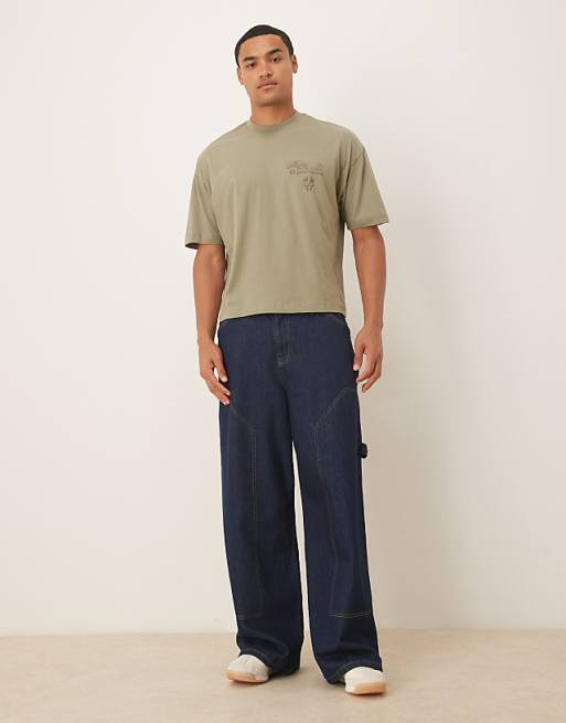 DESIGN Boxy Oversized T-shirt With Floral Text Graphic In Light Khaki