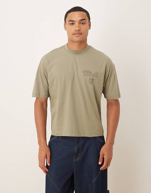 DESIGN Boxy Oversized T-shirt With Floral Text Graphic In Light Khaki