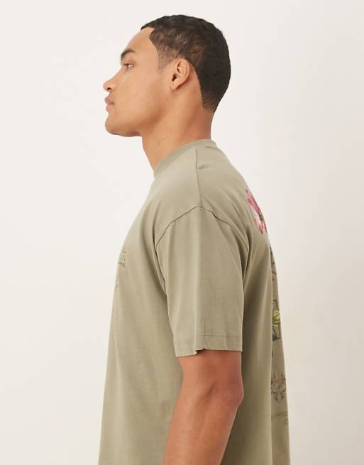 DESIGN Boxy Oversized T-shirt With Floral Text Graphic In Light Khaki