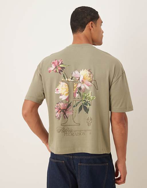 DESIGN boxy oversized t-shirt with floral text graphic in light khaki